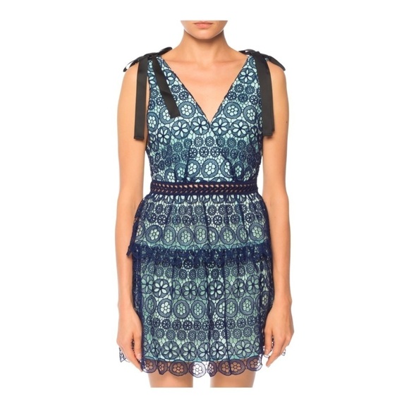NWT SELF-PORTRAIT Blue Guipure Lace Tie Shoulder Tiered Mini Dress Size 00 - Picture 2 of 13